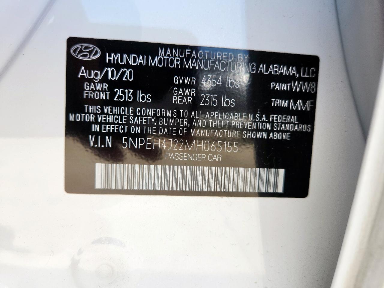2021 Hyundai Sonata Limited VIN: 5NPEH4J22MH065155 Lot: 65370755