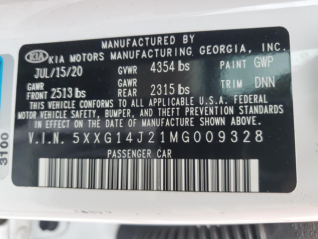 2021 Kia K5 Lxs VIN: 5XXG14J21MG009328 Lot: 63451635