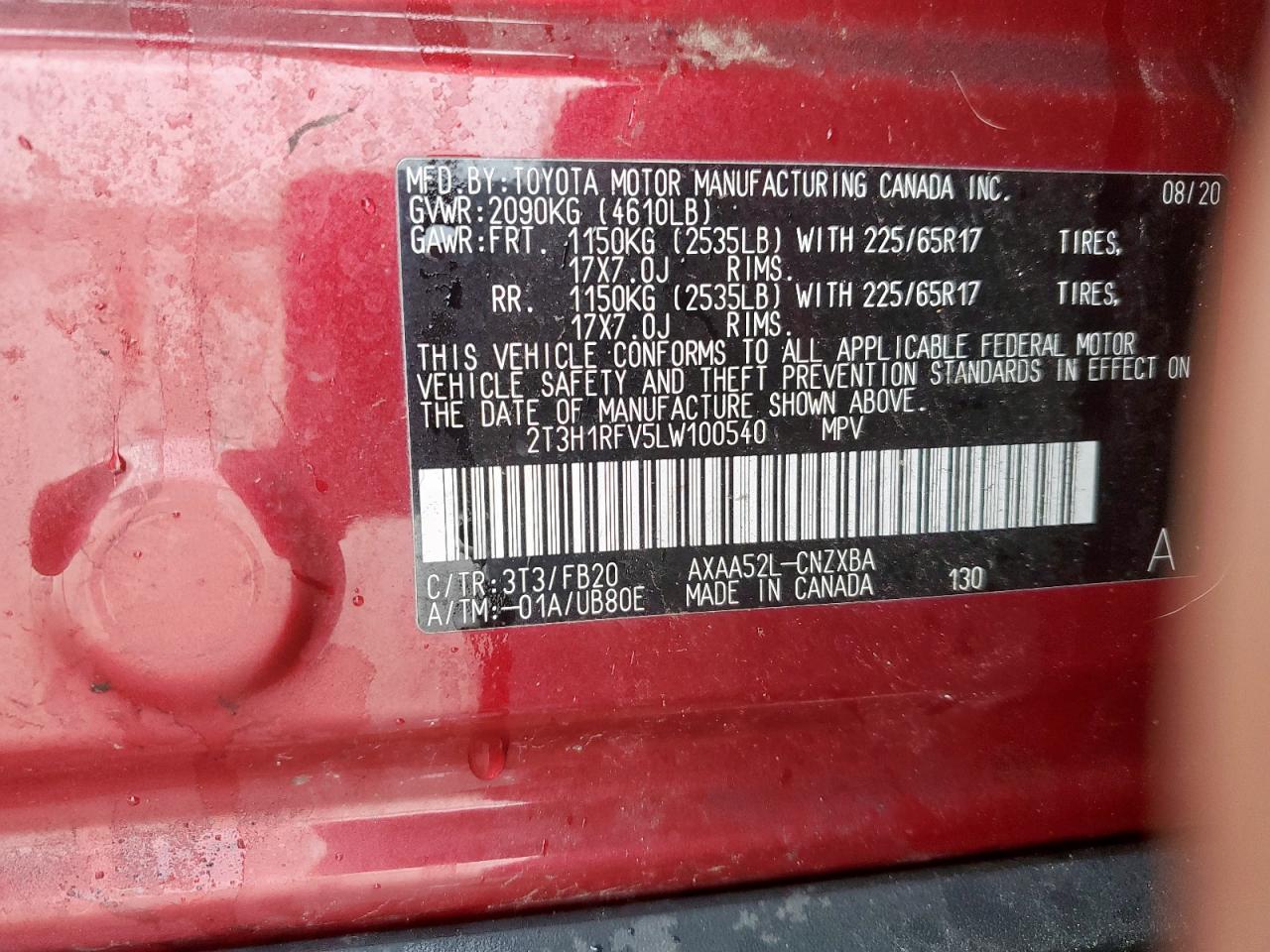 2020 Toyota Rav4 Le VIN: 2T3H1RFV5LW100540 Lot: 64455935