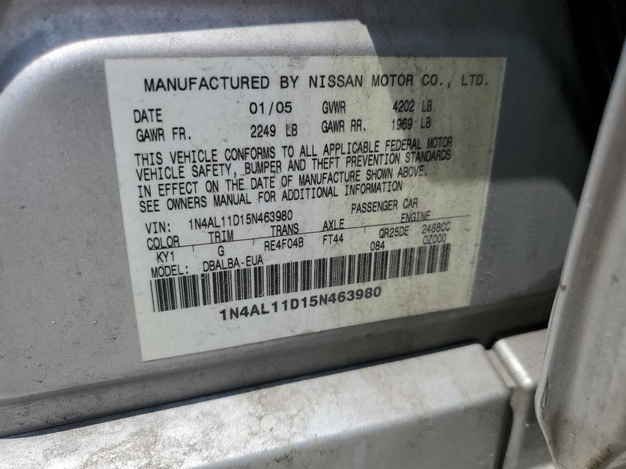 2005 Nissan Altima S VIN: 1N4AL11D15N463980 Lot: 64659715