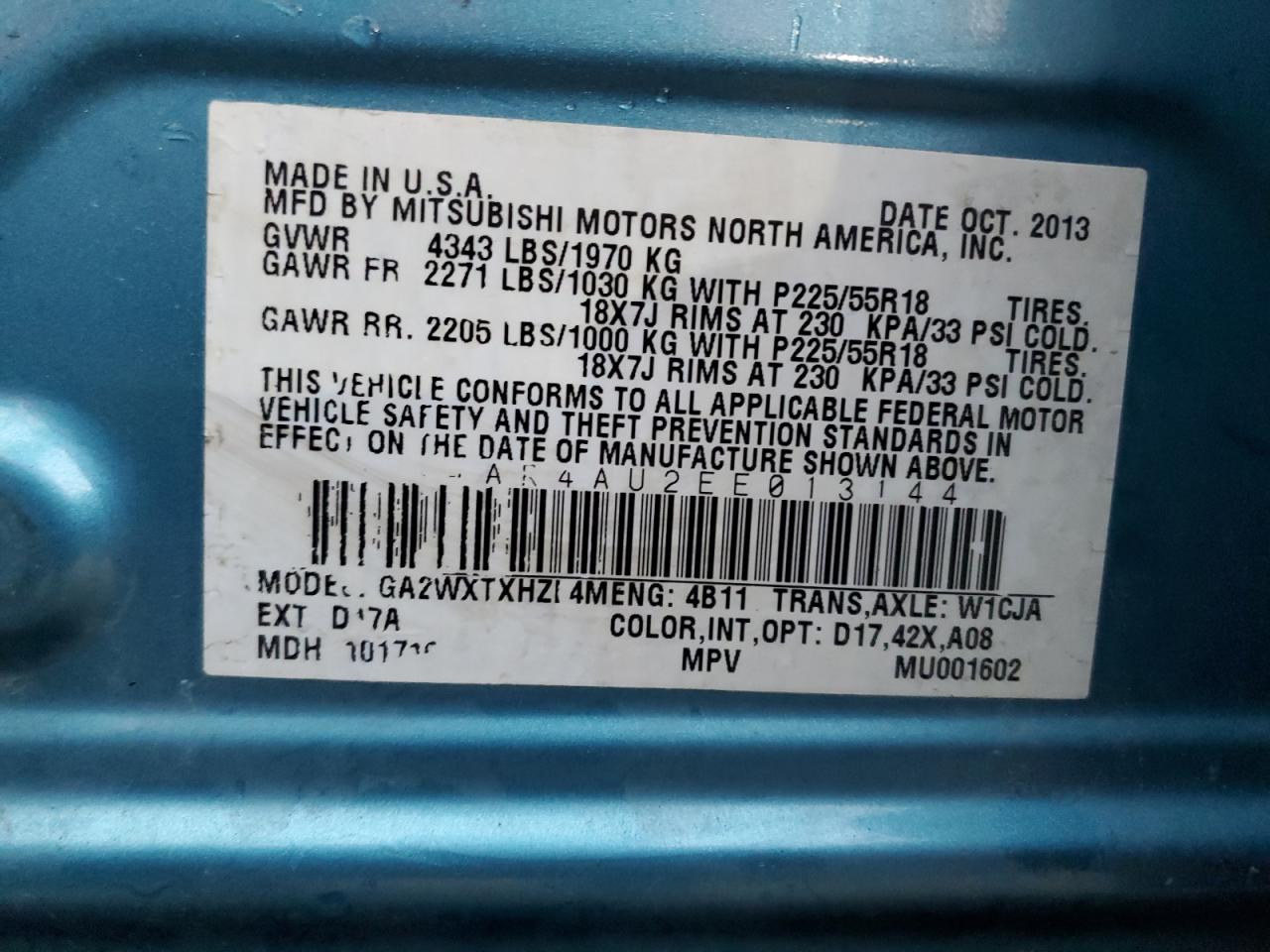 2014 Mitsubishi Outlander Sport Se VIN: 4A4AR4AU2EE013144 Lot: 64577475