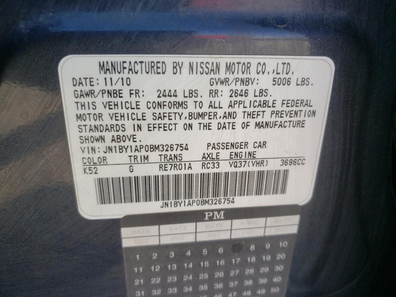 2011 Infiniti M37 VIN: JN1BY1AP0BM326754 Lot: 64629405