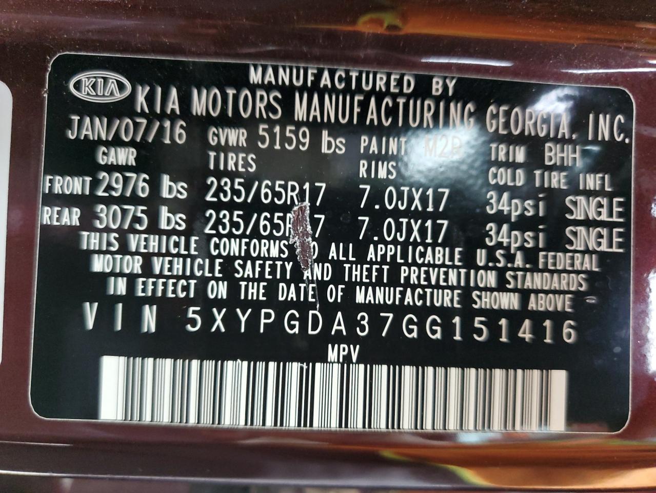 2016 Kia Sorento Lx VIN: 5XYPGDA37GG151416 Lot: 65405435