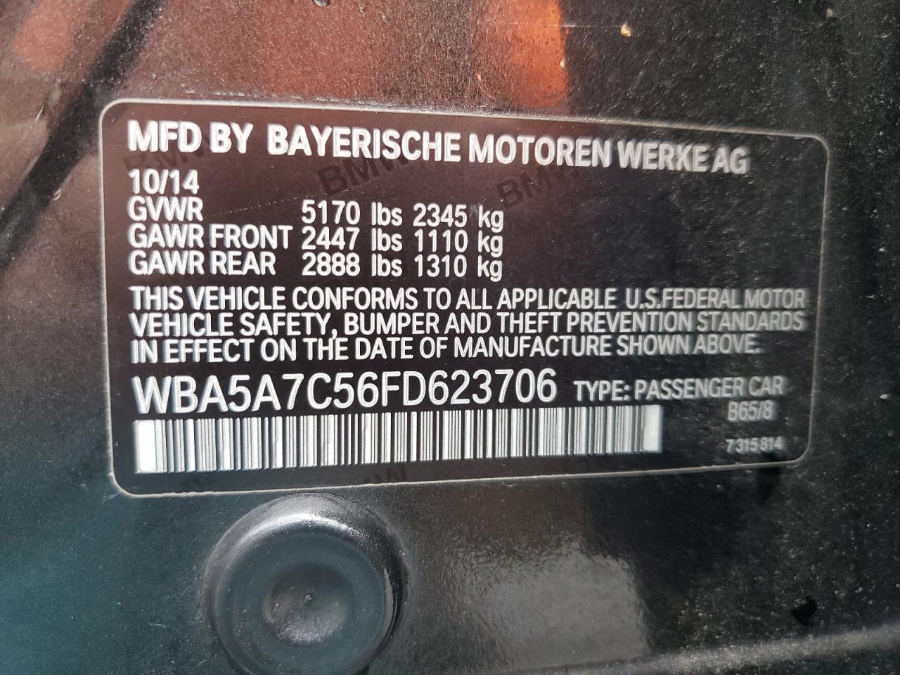 2015 BMW 528 Xi VIN: WBA5A7C56FD623706 Lot: 64431985