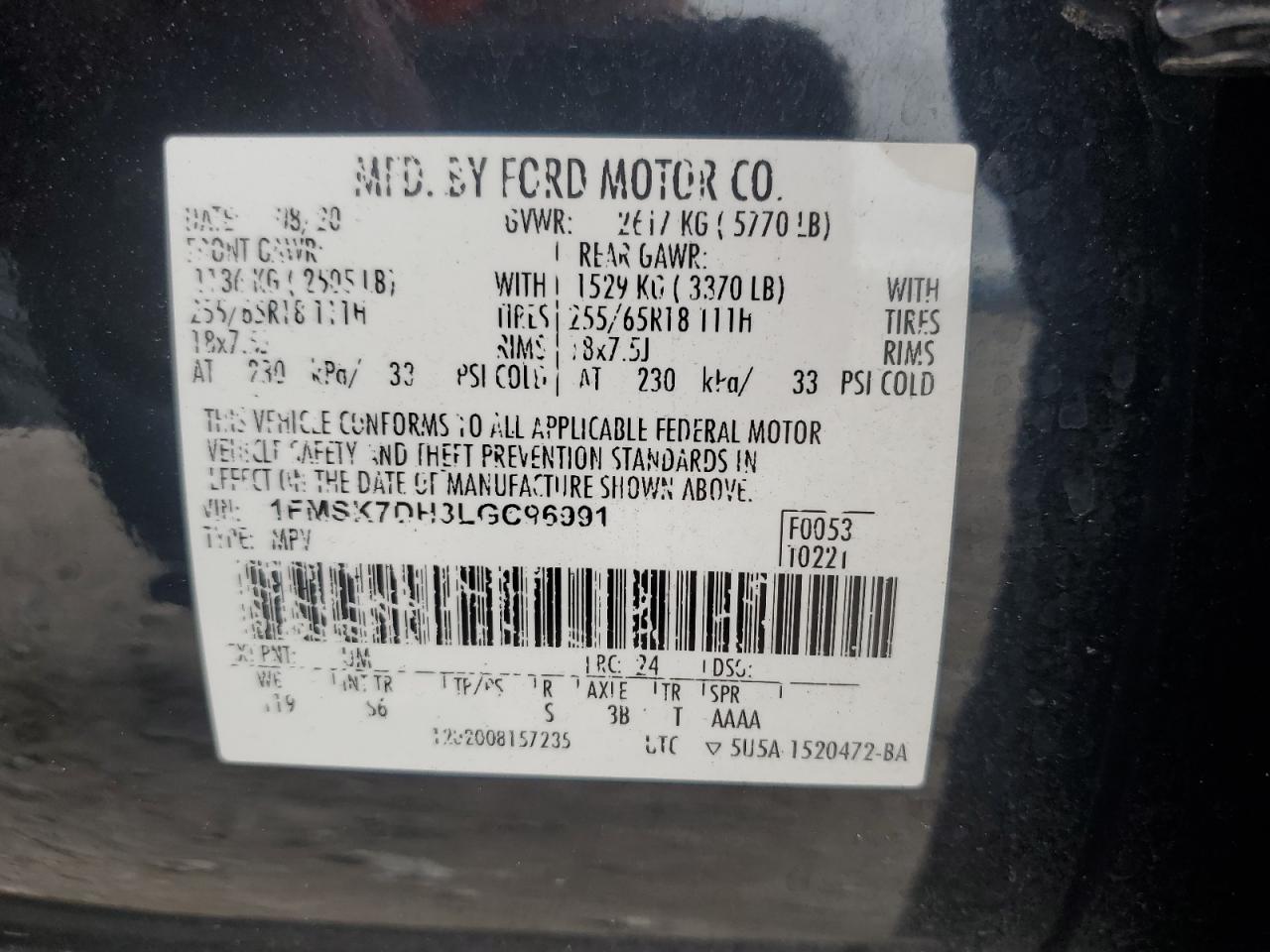 2020 Ford Explorer Xlt VIN: 1FMSK7DH3LGC96991 Lot: 62128545