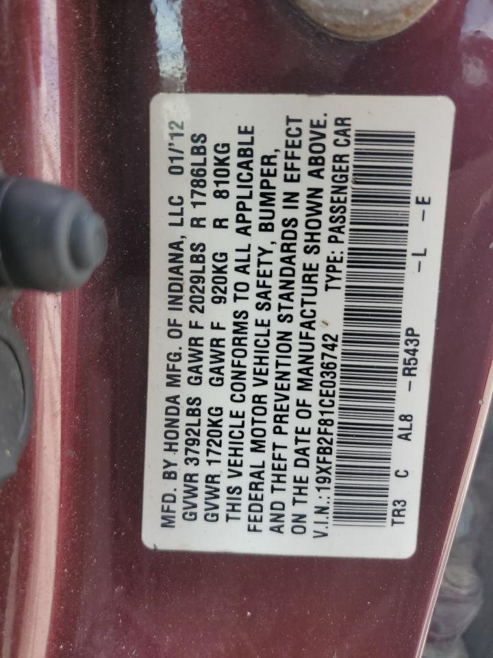 2012 Honda Civic Ex VIN: 19XFB2F81CE036742 Lot: 65183165