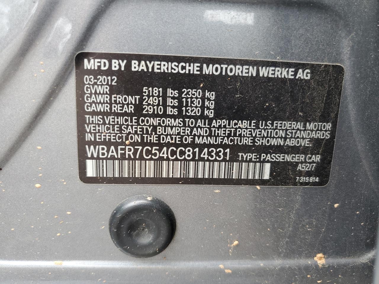 2012 BMW 535 I VIN: WBAFR7C54CC814331 Lot: 62870265