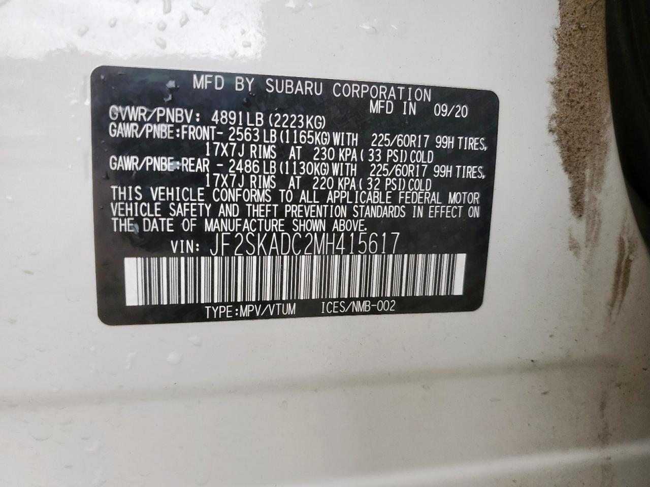 2021 Subaru Forester VIN: JF2SKADC2MH415617 Lot: 63752135