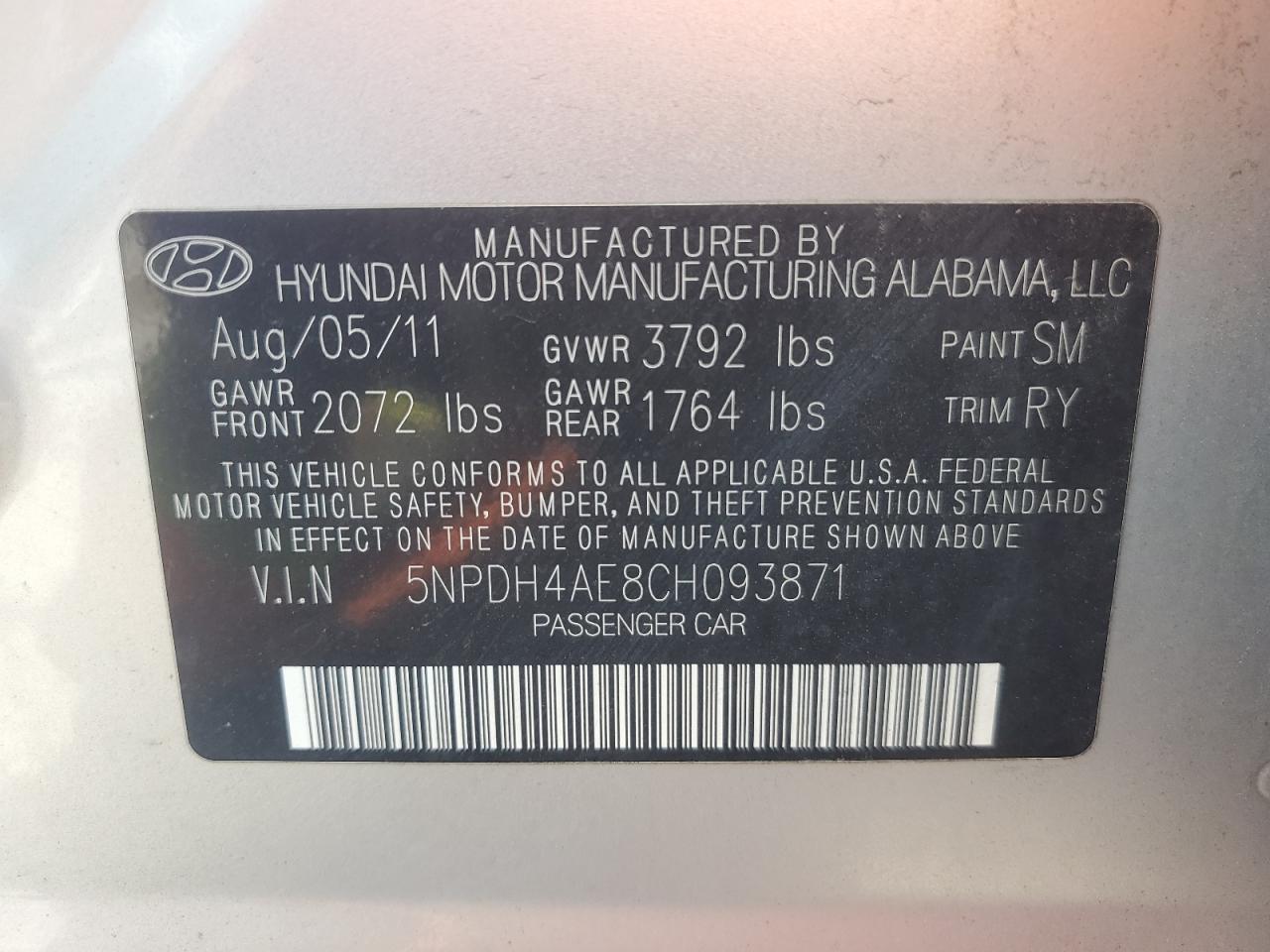 2012 Hyundai Elantra Gls VIN: 5NPDH4AE8CH093871 Lot: 65175075