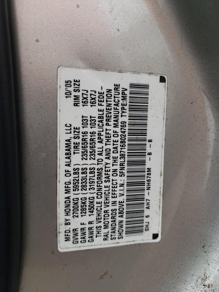 2006 Honda Odyssey Exl VIN: 5FNRL38716B024769 Lot: 64671965