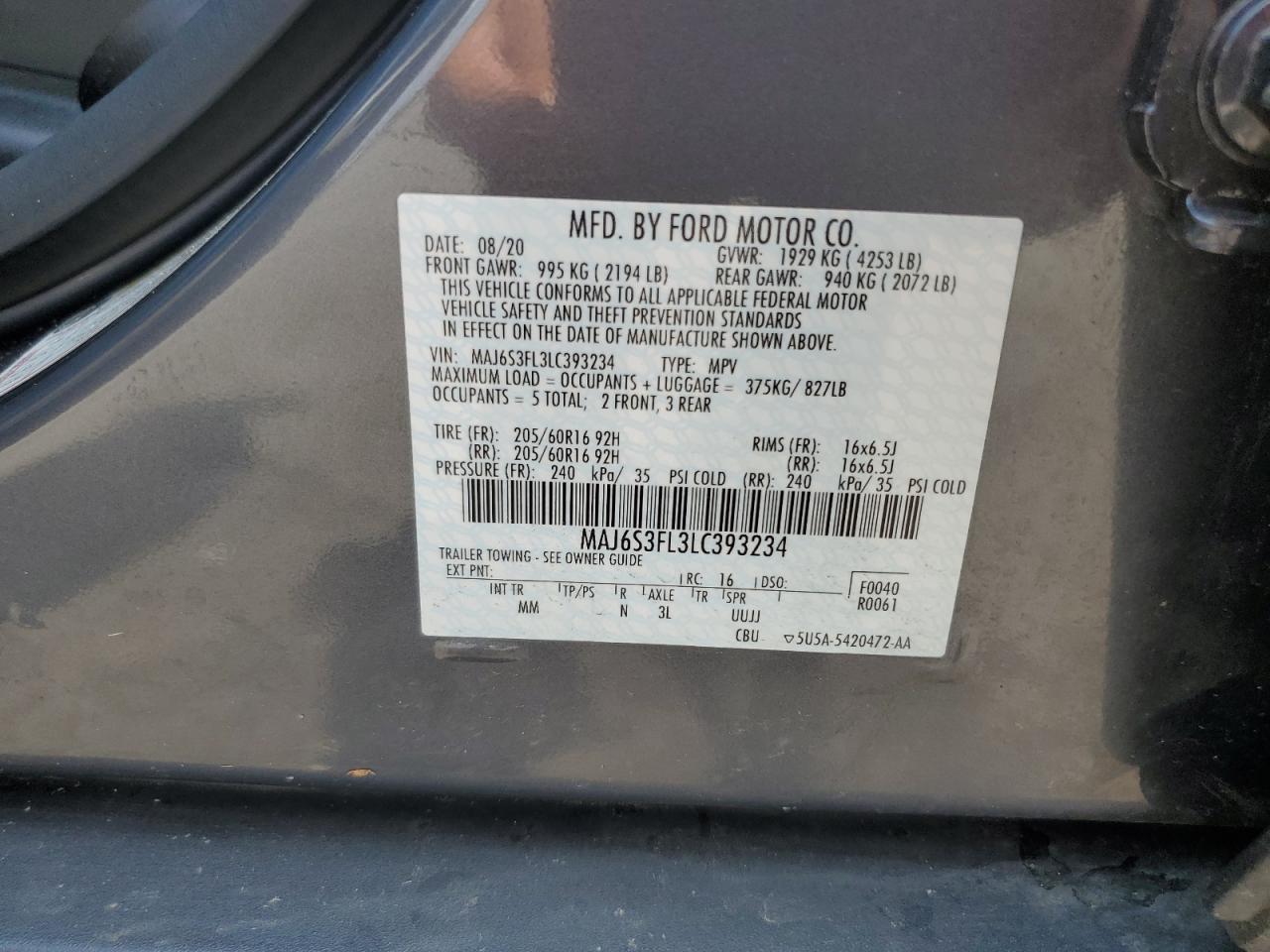 2020 Ford Ecosport S VIN: MAJ6S3FL3LC393234 Lot: 63238485