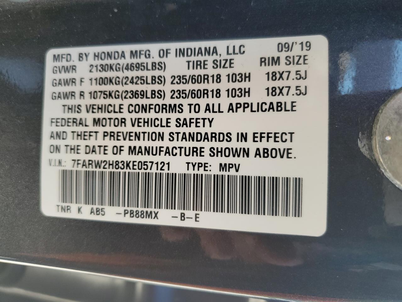 2019 Honda Cr-V Exl VIN: 7FARW2H83KE057121 Lot: 65477515