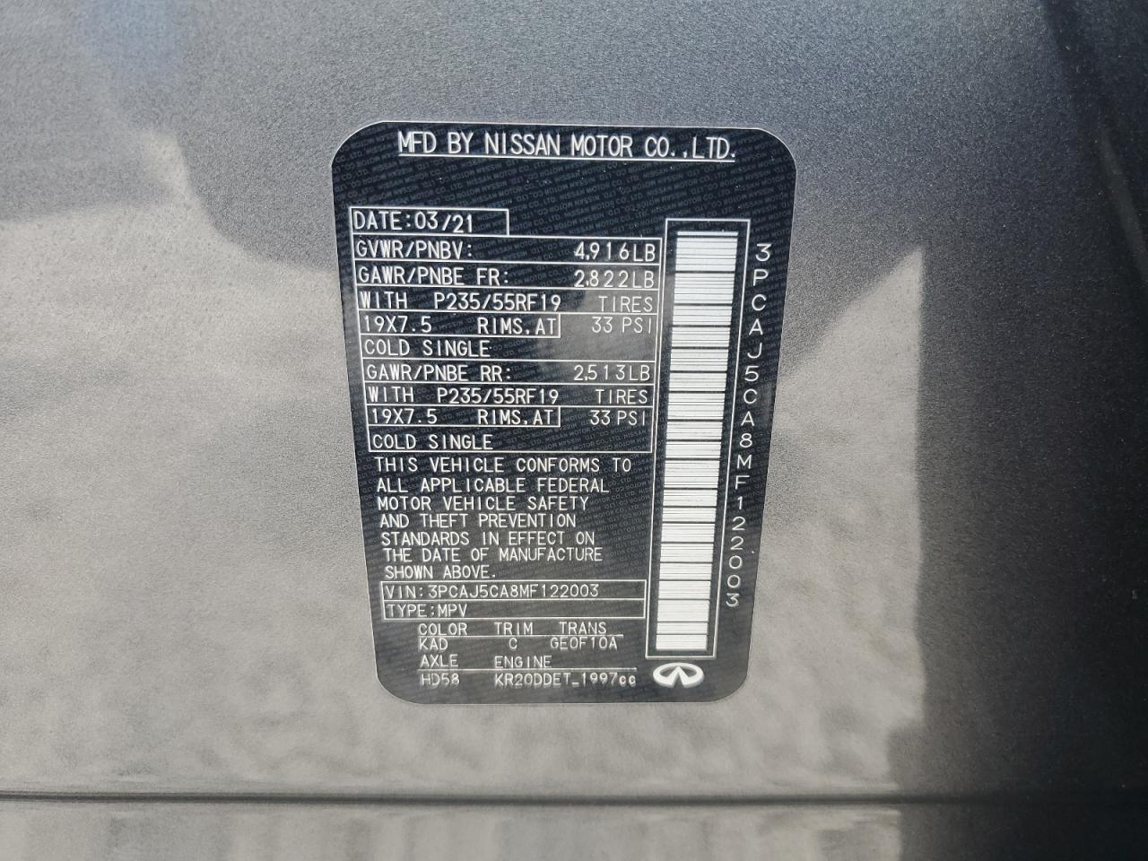 2021 Infiniti Qx50 Essential VIN: 3PCAJ5CA8MF122003 Lot: 63763465
