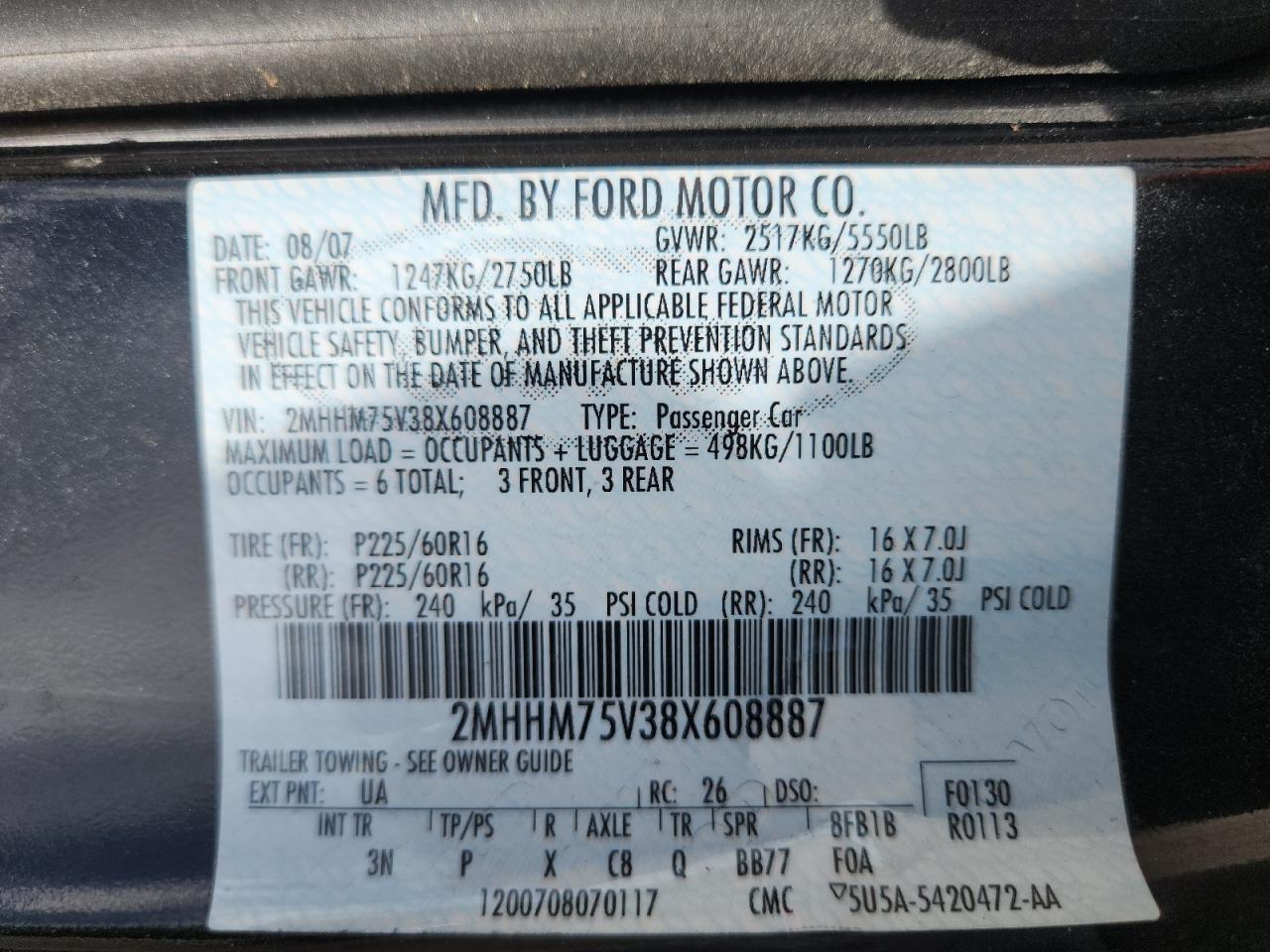 2008 Mercury Grand Marquis Ls VIN: 2MHHM75V38X608887 Lot: 63298295
