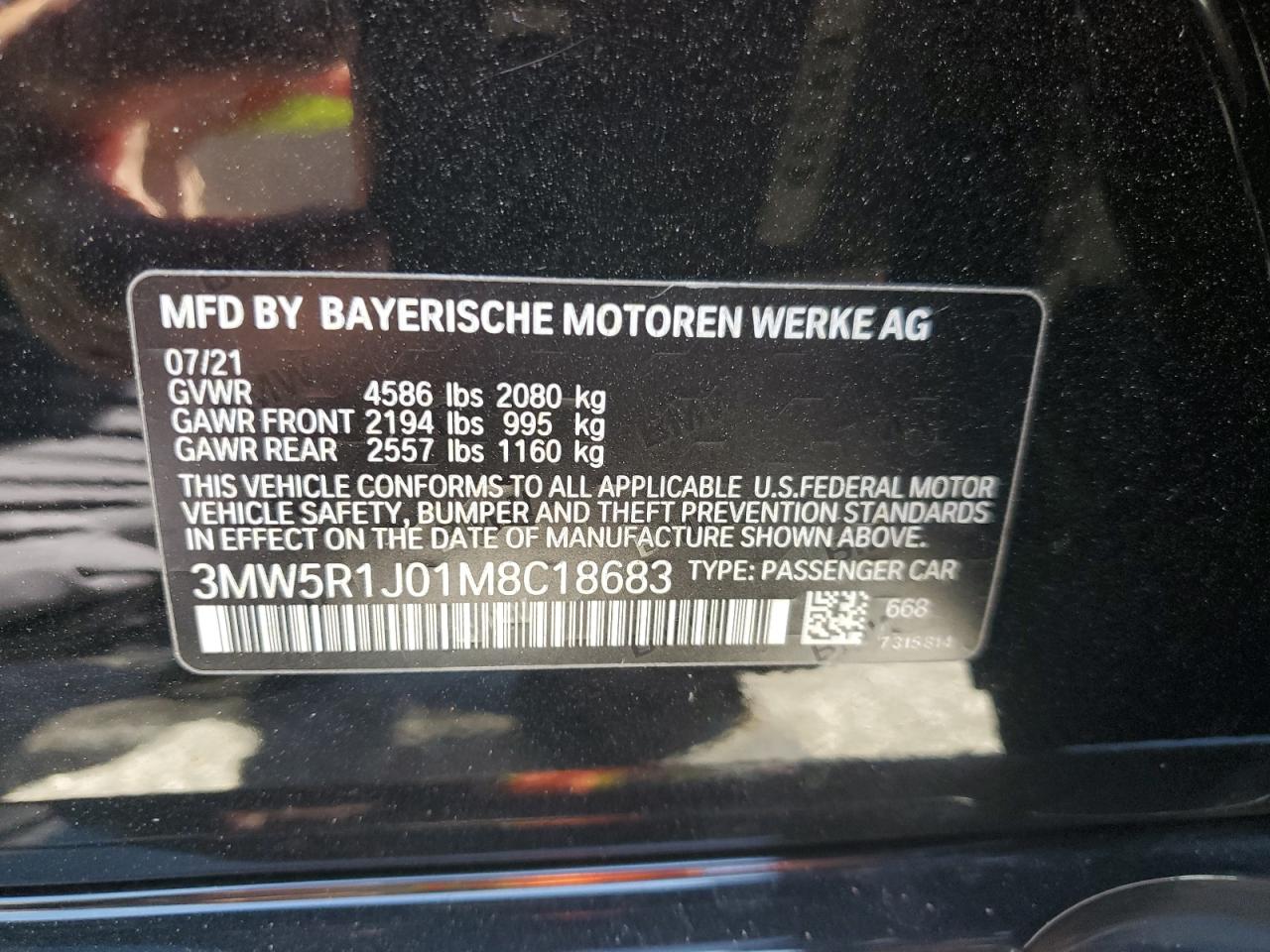 2021 BMW 330I VIN: 3MW5R1J01M8C18683 Lot: 63336195