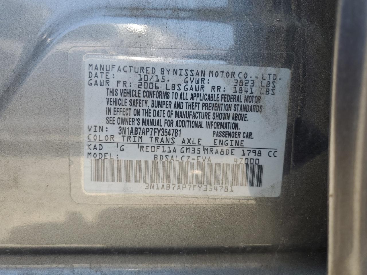 2015 Nissan Sentra S VIN: 3N1AB7AP7FY354781 Lot: 62899305