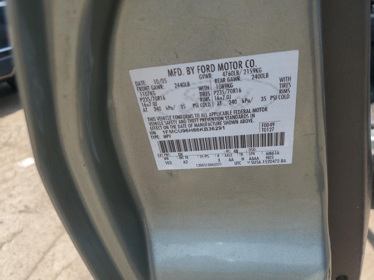 2006 Ford Escape Hev VIN: 1FMCU96H86KB36291 Lot: 64482105