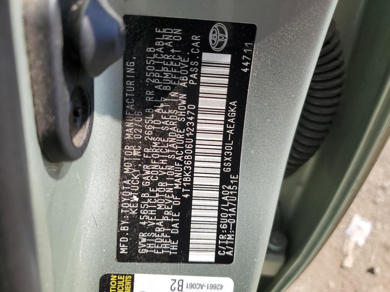 2006 Toyota Avalon Xl VIN: 4T1BK36B06U123470 Lot: 63231715
