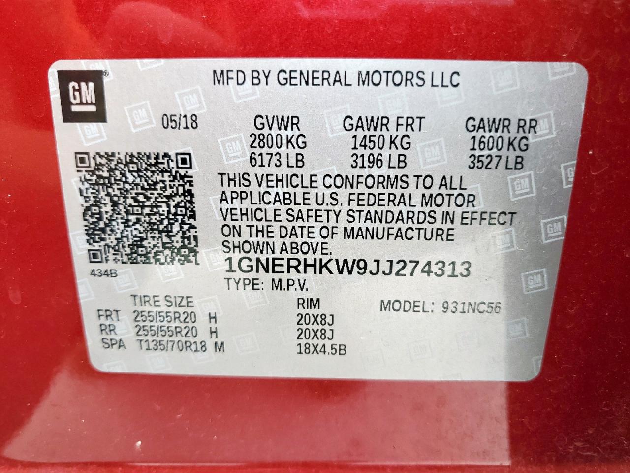 2018 Chevrolet Traverse Lt VIN: 1GNERHKW9JJ274313 Lot: 62609165