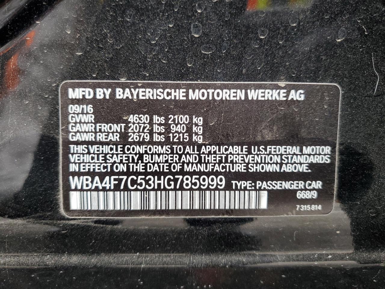 2017 BMW 430I Gran Coupe VIN: WBA4F7C53HG785999 Lot: 64684865