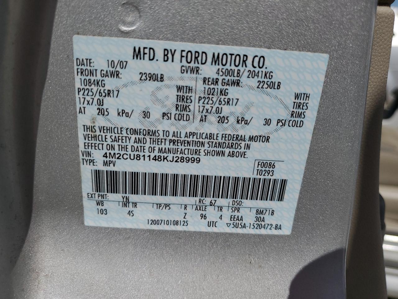 2008 Mercury Mariner VIN: 4M2CU81148KJ28999 Lot: 63584015