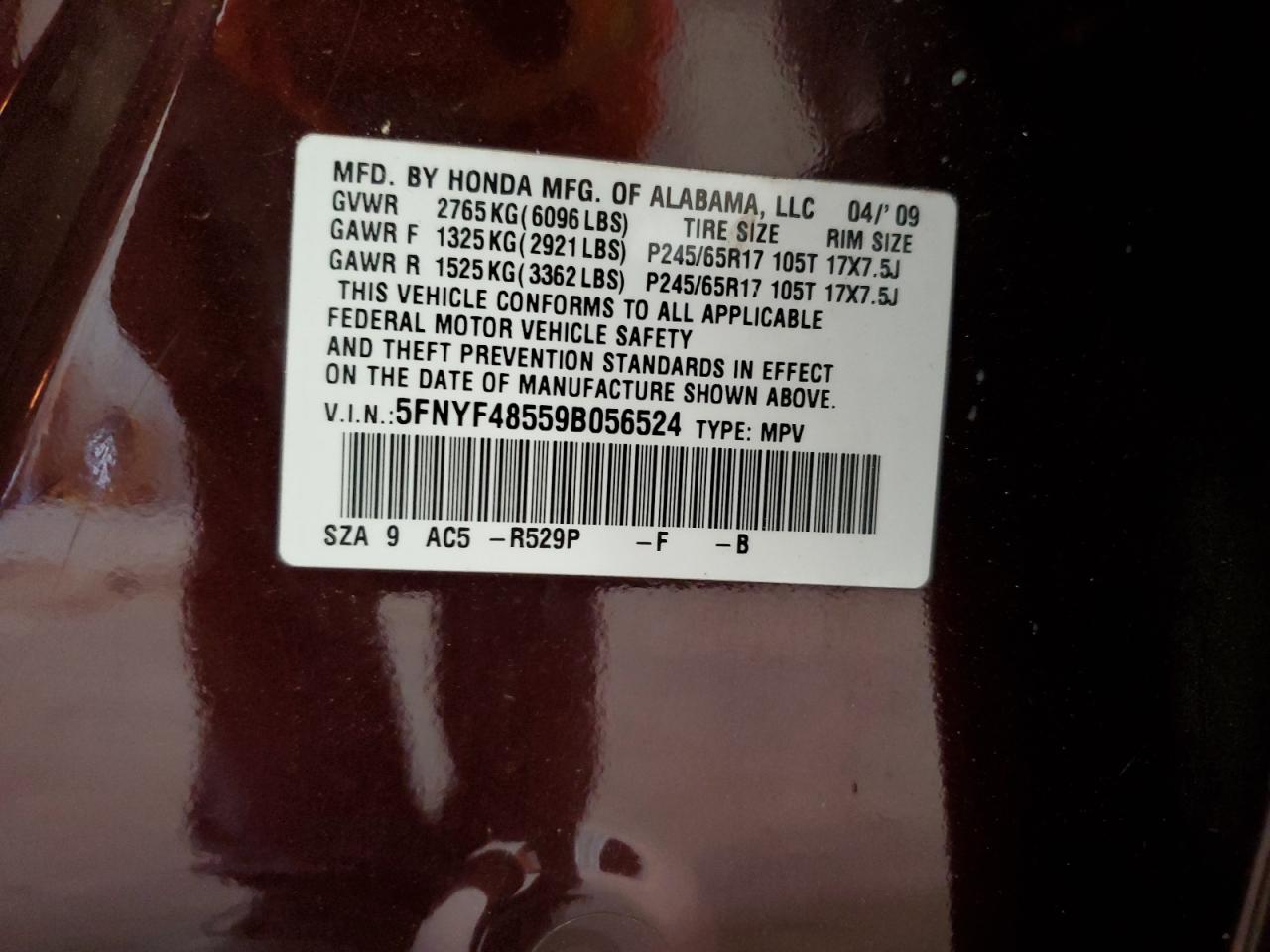 2009 Honda Pilot Exl VIN: 5FNYF48559B056524 Lot: 64435395