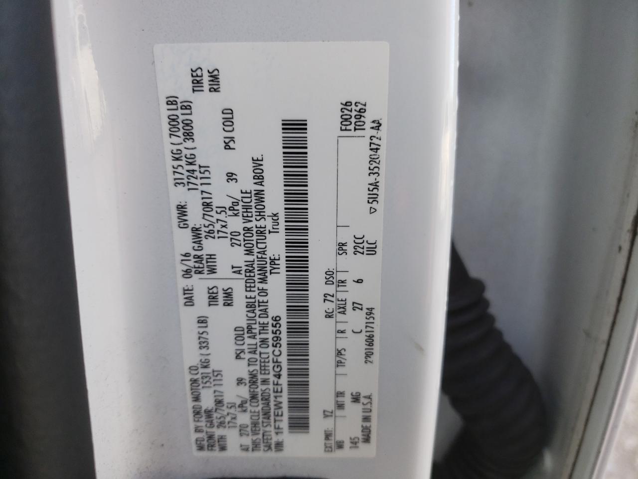 2016 Ford F150 Supercrew VIN: 1FTEW1EF4GFC59556 Lot: 65783695