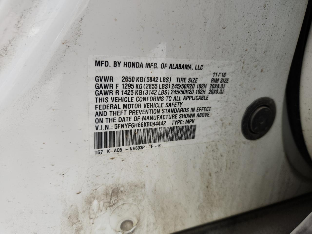 2019 Honda Pilot Touring VIN: 5FNYF6H66KB044442 Lot: 64200755