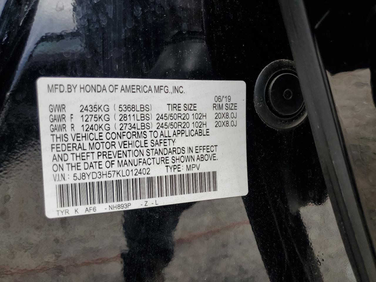 2019 Acura Mdx Technology VIN: 5J8YD3H57KL012402 Lot: 62819745