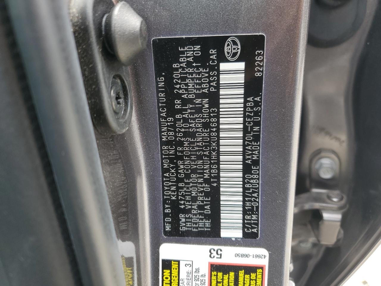 2019 Toyota Camry Xse VIN: 4T1B61HK3KU846813 Lot: 64802175