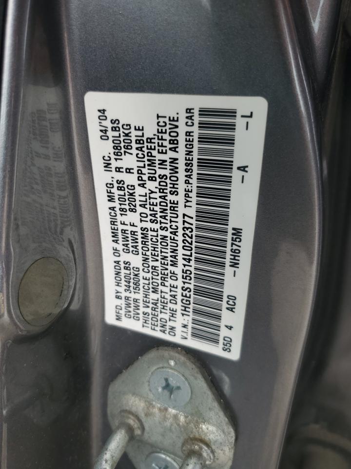2004 Honda Civic Lx VIN: 1HGES15514L022377 Lot: 64034275