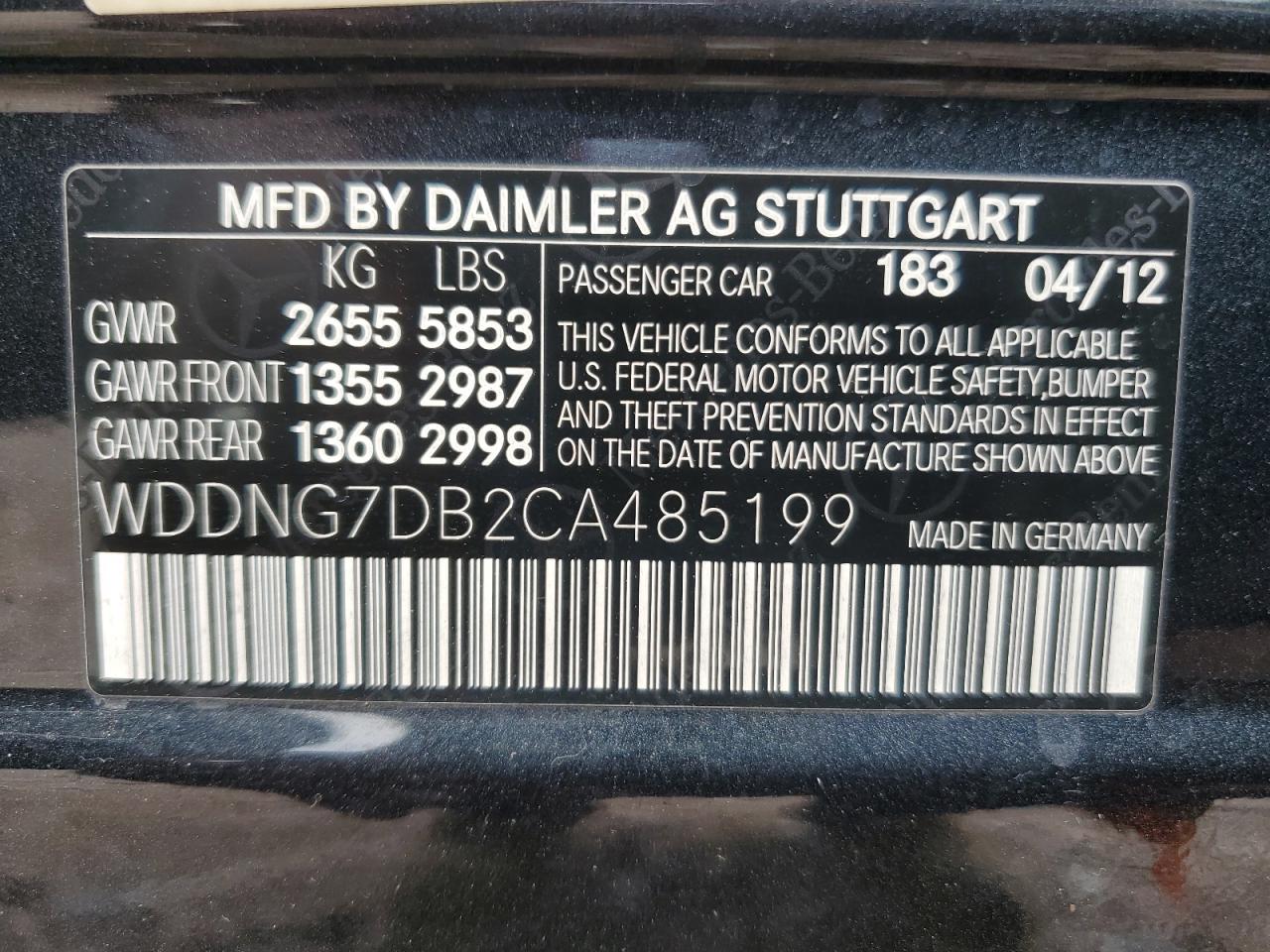2012 Mercedes-Benz S 550 VIN: WDDNG7DB2CA485199 Lot: 64016145