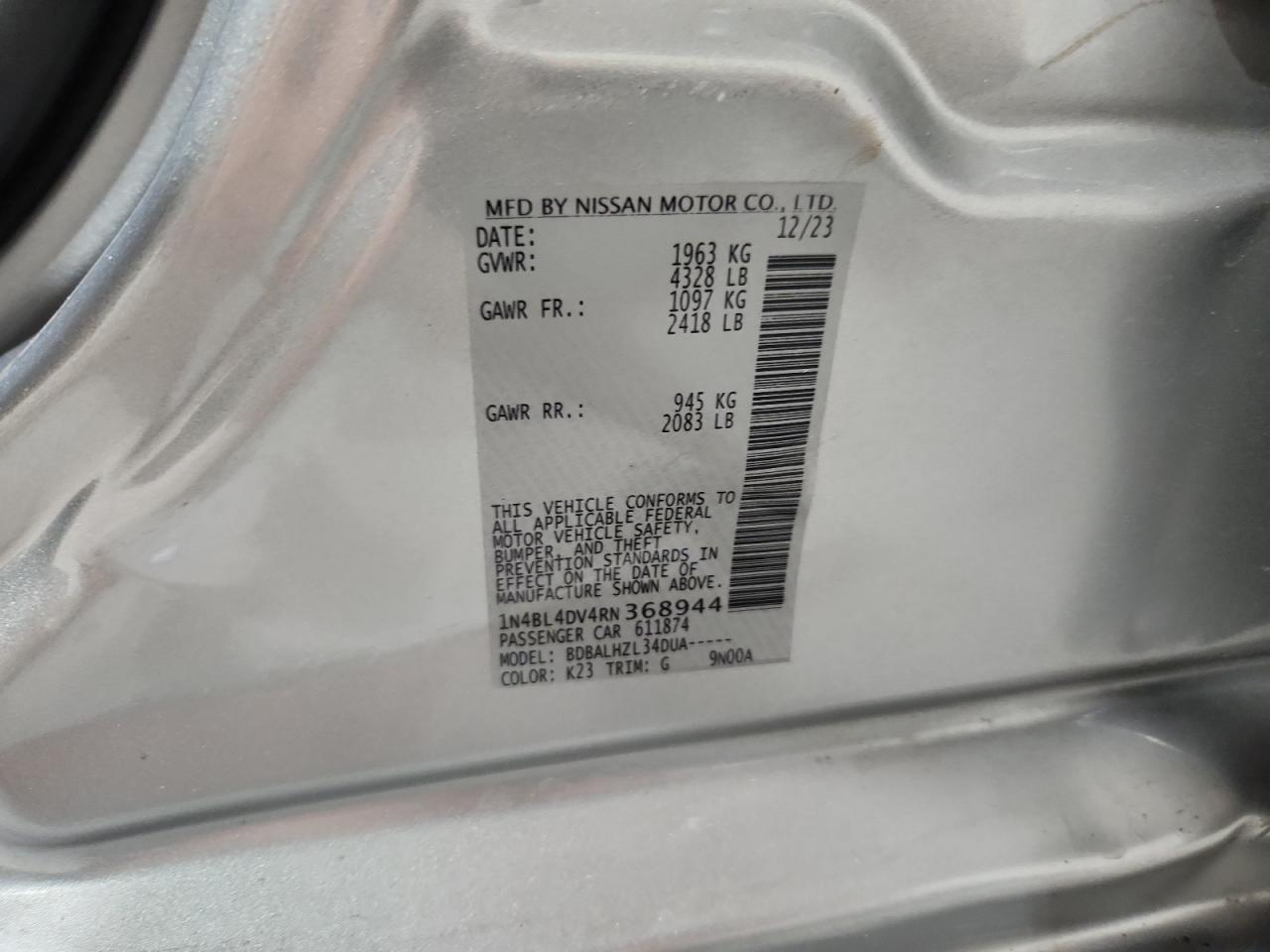 2024 Nissan Altima Sv VIN: 1N4BL4DV4RN368944 Lot: 62343835