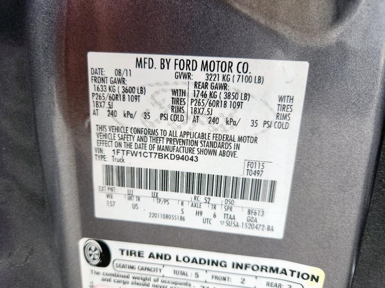 2011 Ford F150 Supercrew VIN: 1FTFW1CT7BKD94043 Lot: 63256885