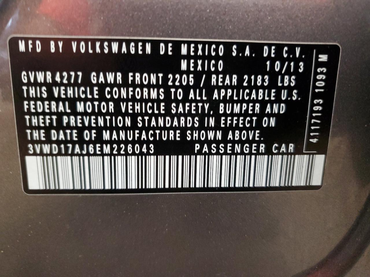 2014 Volkswagen Jetta Se VIN: 3VWD17AJ6EM226043 Lot: 64147725
