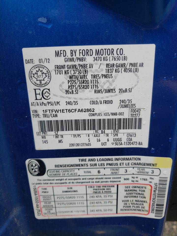 2012 Ford F150 Supercrew VIN: 1FTFW1ET6CFA62862 Lot: 65271635