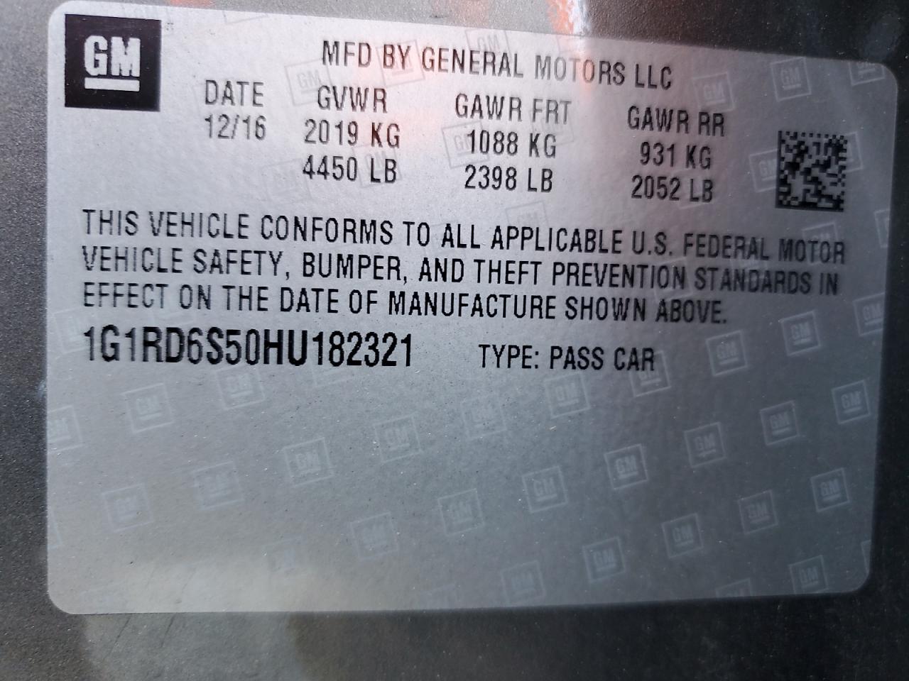 2017 Chevrolet Volt Premier VIN: 1G1RD6S50HU182321 Lot: 65286125