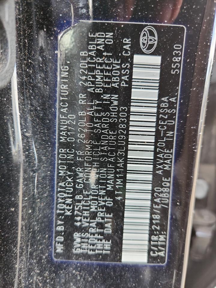 2020 Toyota Camry Se VIN: 4T1M11AK3LU928303 Lot: 65985975