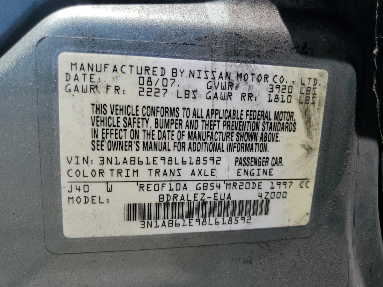 2008 Nissan Sentra 2.0 VIN: 3N1AB61E98L618592 Lot: 64465515