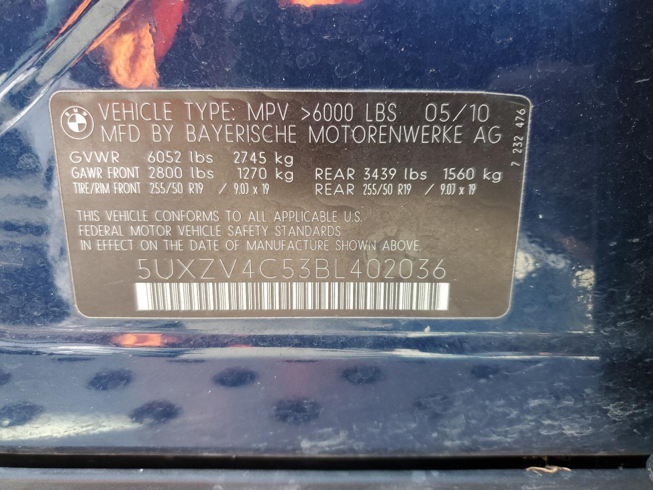 2011 BMW X5 xDrive35I VIN: 5UXZV4C53BL402036 Lot: 64264615