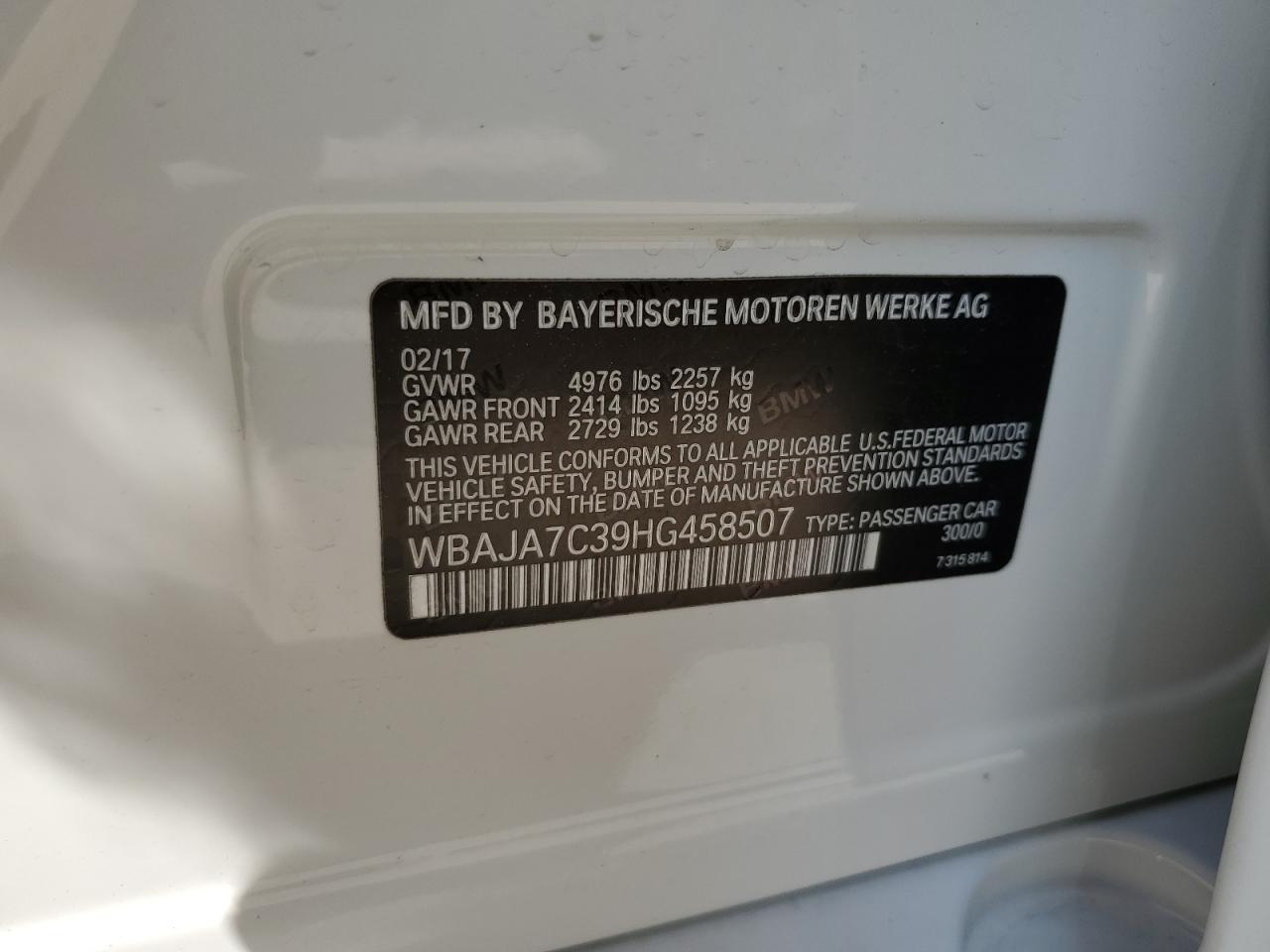 2017 BMW 530 Xi VIN: WBAJA7C39HG458507 Lot: 61743045