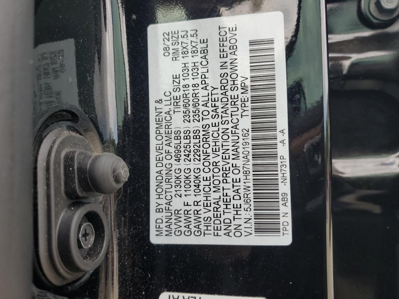 2022 Honda Cr-V Exl VIN: 5J6RW1H87NA019162 Lot: 64378785