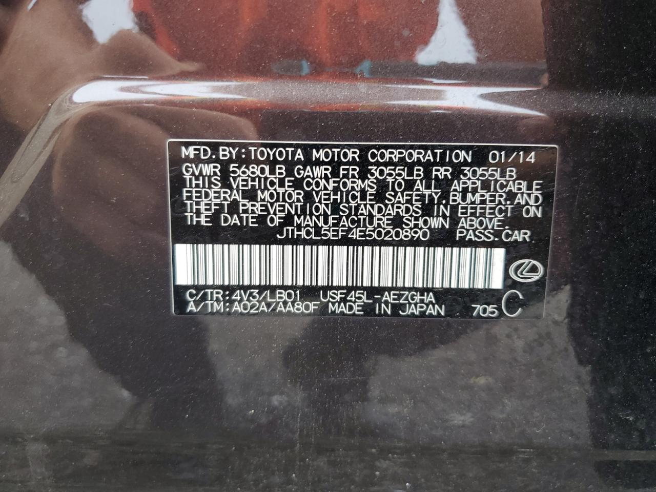 2014 Lexus Ls 460 VIN: JTHCL5EF4E5020890 Lot: 62766455