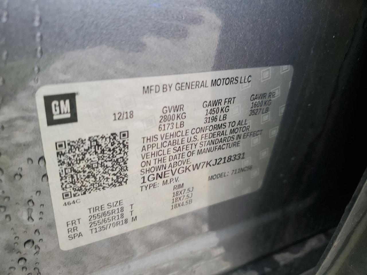 2019 Chevrolet Traverse Lt VIN: 1GNEVGKW7KJ218331 Lot: 64293465