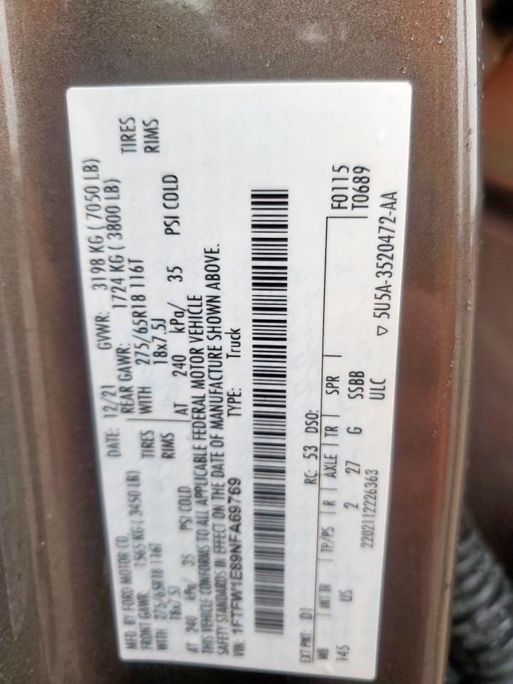 2022 Ford F150 Supercrew VIN: 1FTFW1E89NFA69769 Lot: 63609465