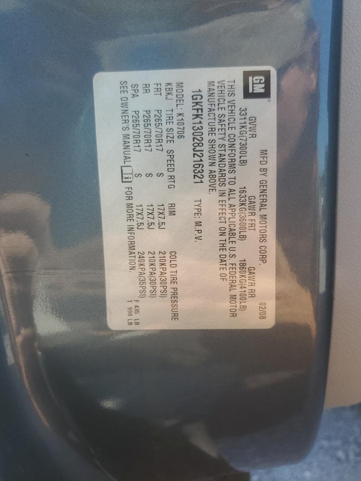 2008 GMC Yukon VIN: 1GKFK13028J216321 Lot: 66886145