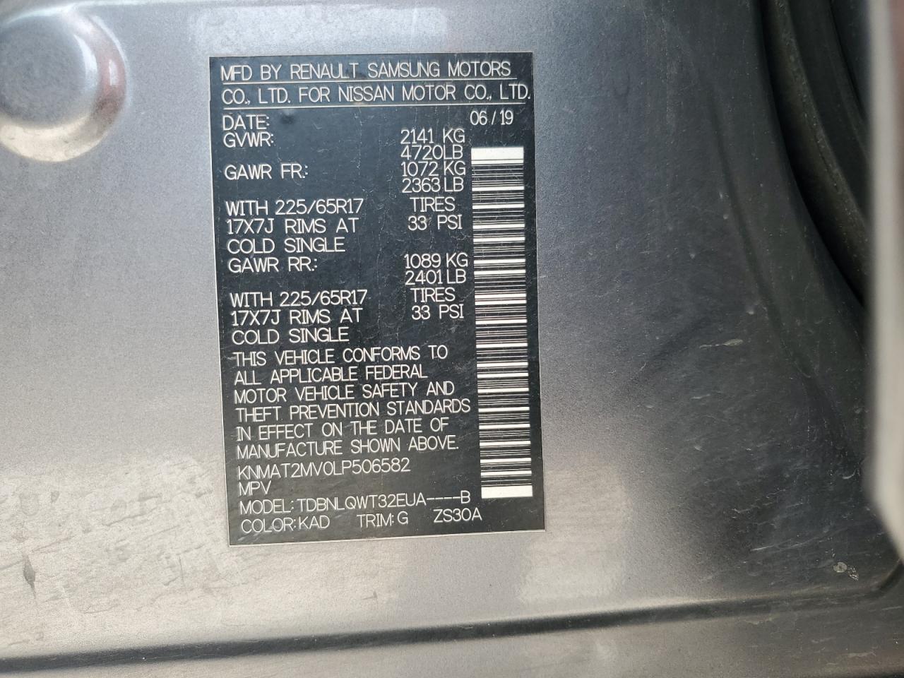 2020 Nissan Rogue S VIN: KNMAT2MV0LP506582 Lot: 64047385