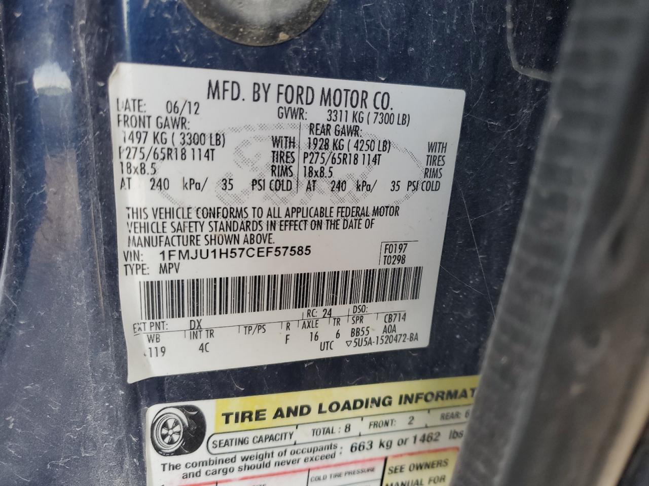 2012 Ford Expedition Xlt VIN: 1FMJU1H57CEF57585 Lot: 63348475
