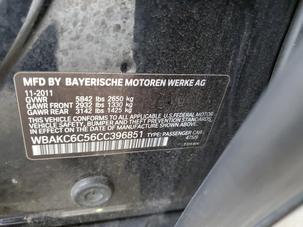 2012 BMW 750 Xi VIN: WBAKC6C56CC396851 Lot: 64007085