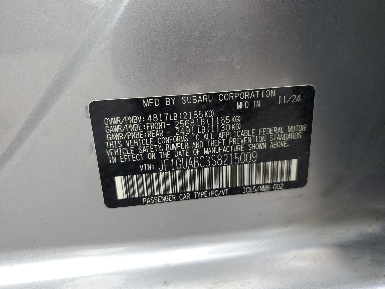 2025 Subaru Impreza VIN: JF1GUABC3S8215009 Lot: 64618265